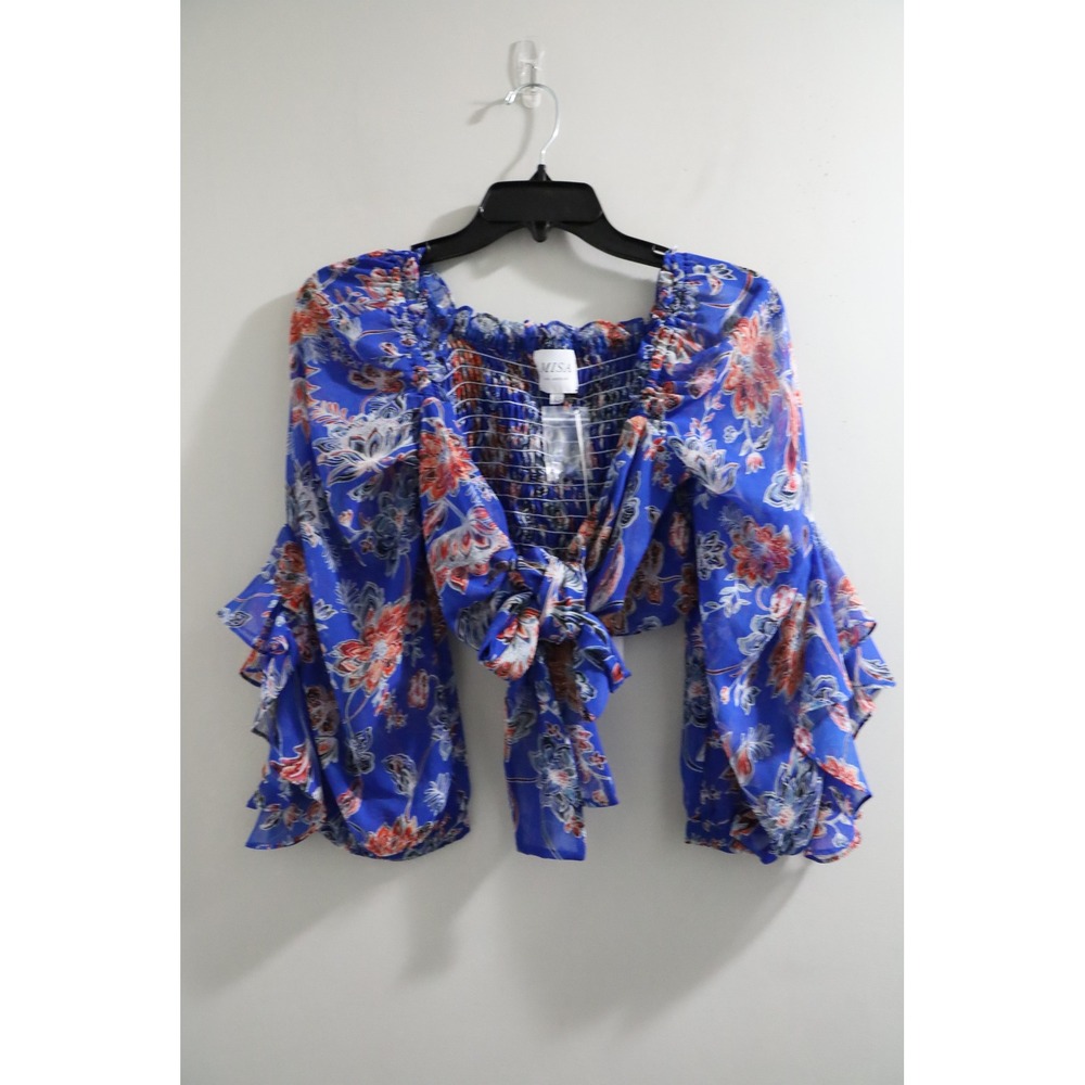 MISA Los Angeles Floral Tie Front Crop Top Blouse Smocked XS Blue Red‎